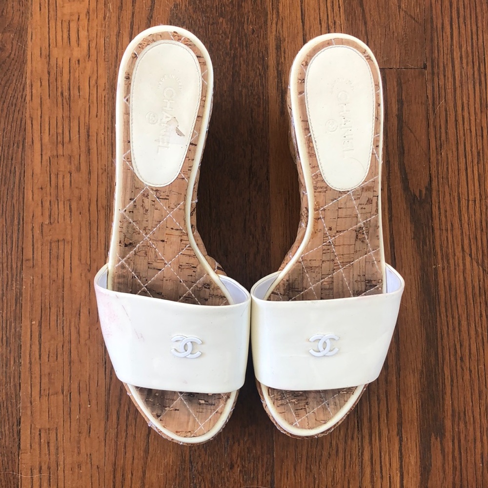Gorgeous White Patent Leather Chanel Wedges